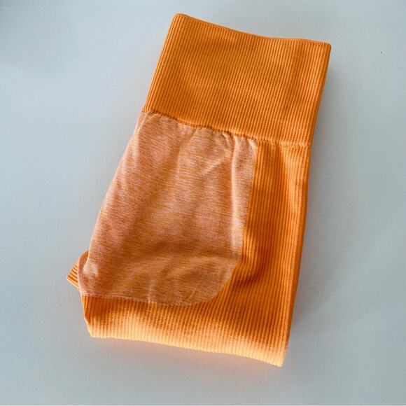 NEW Neon Orange Gold Colorblock Stripe Cutout Ribbed Knit High Rise Leggings L - Picture 9 of 13